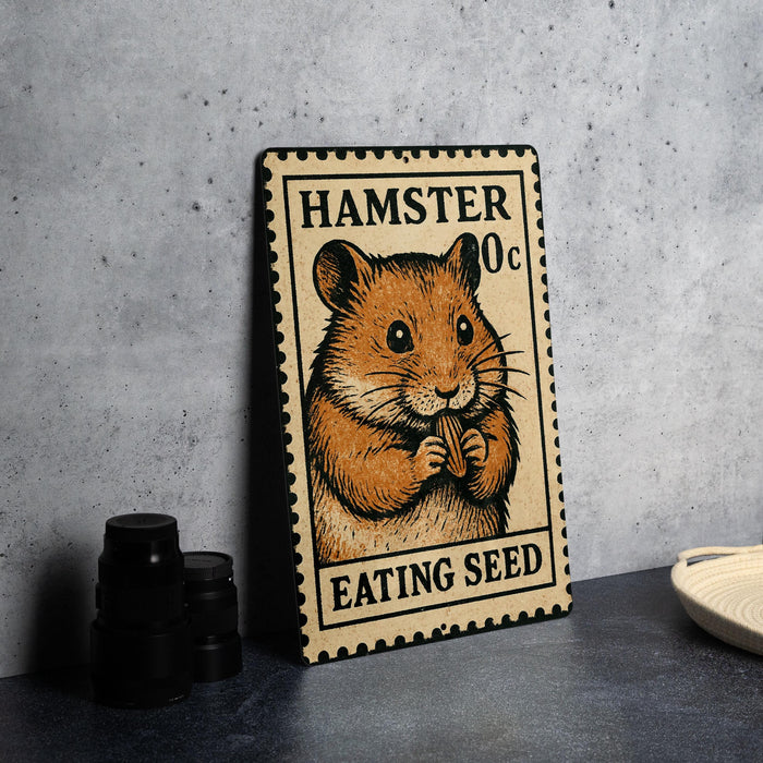A metal stamp featuring a hamster eating a seed, with the text "HAMSTER 0c EATING SEED" printed on it.