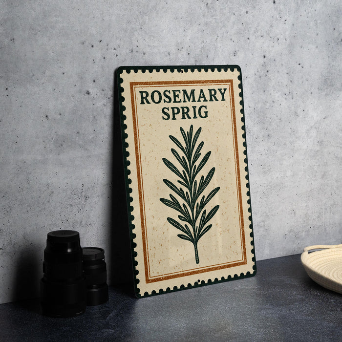 A metal sign with the text "ROSEMARY SPRIG" and a graphic of a rosemary plant is displayed on a table.