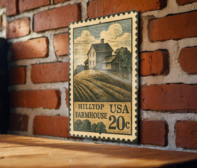 A vintage-style stamp depicting a farmhouse is mounted on a brick wall.