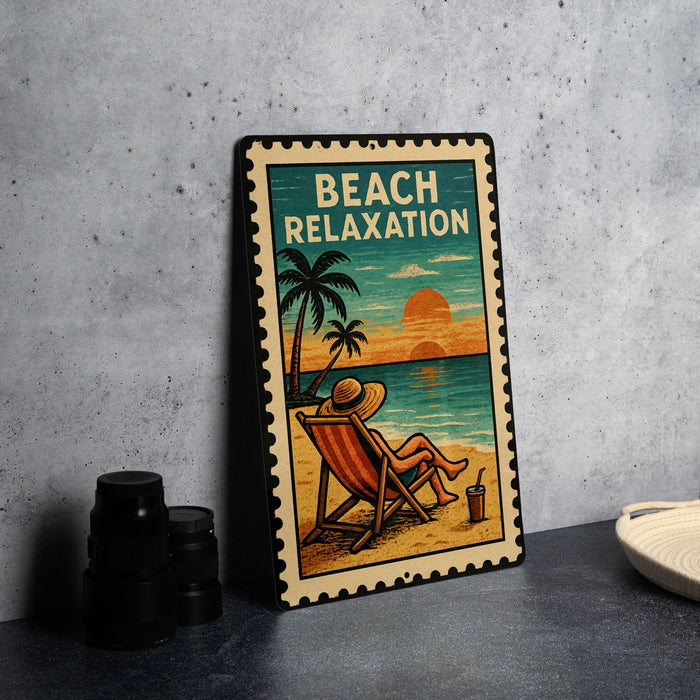 A vintage-style metal sign with a beach relaxation theme, featuring a person lounging in a beach chair and palm trees in the background.