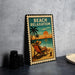 A vintage-style metal sign with a beach relaxation theme, featuring a person lounging in a beach chair and palm trees in the background.