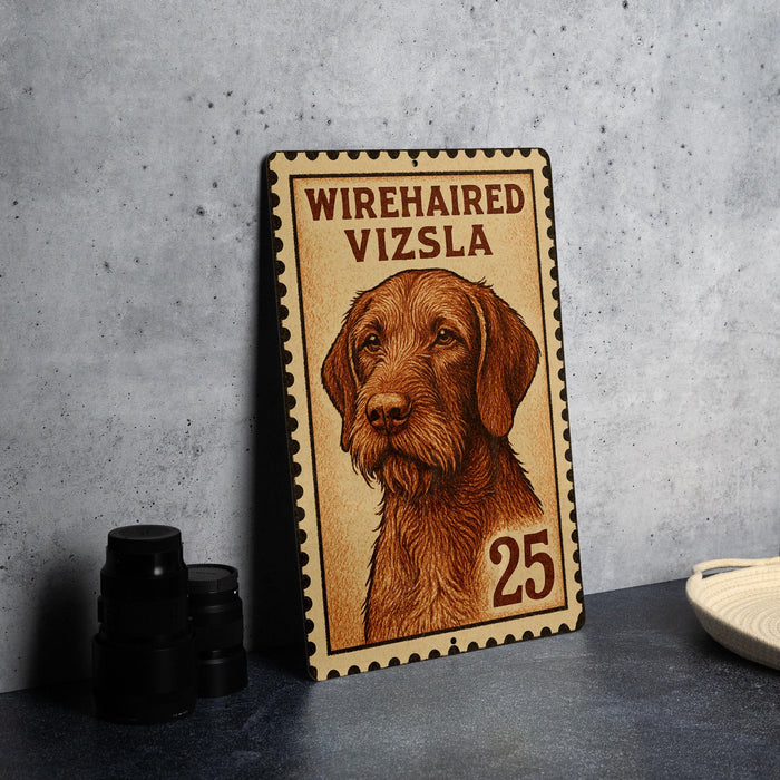 A metal sign featuring a dog illustration and the text "WREHAIRED VIZSLA 25" is displayed on a table.
