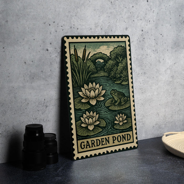 A metal sign with a garden pond illustration, featuring a frog and water lilies, is displayed on a table next to some black camera lenses.