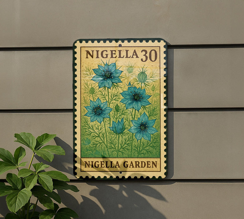A metal sign with a floral design hangs on a wall, displaying the text "NIGELA 30" and "NIGELA GARDEN".