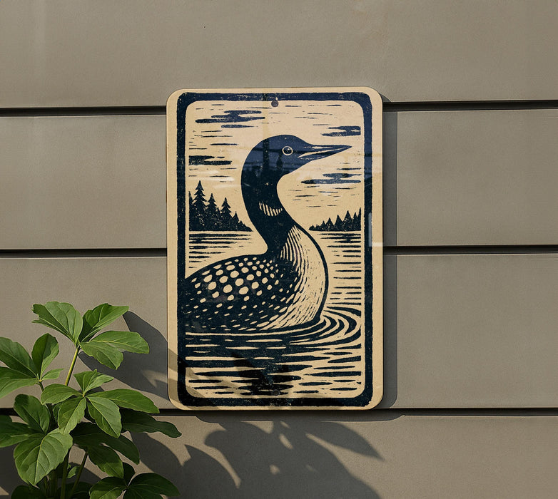 a sign depicting a loon swimming in a lake, with a forest in the background.