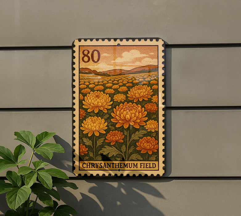 A postage stamp featuring a field of chrysanthemum flowers, with the text "Chrysanthemum Field" printed on it.