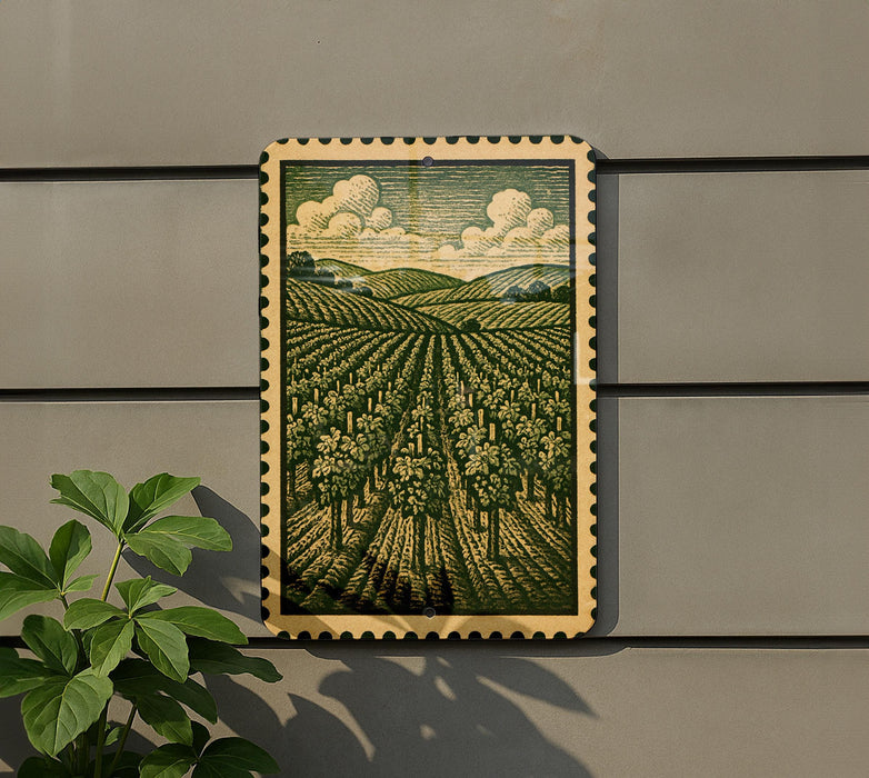 a framed illustration of a rural landscape with a field of trees and rolling hills, mounted on a wall.