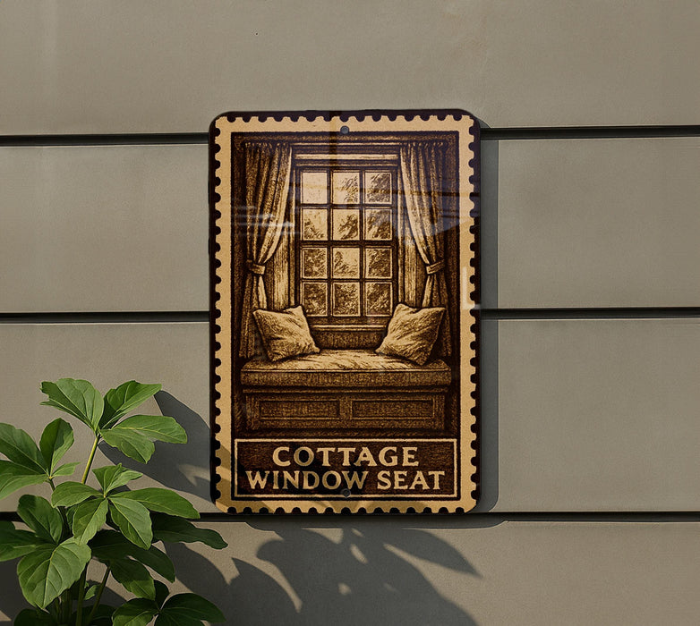 a sign that reads "COTTAGE WINDOW SEAT" with a window seat depicted on it.