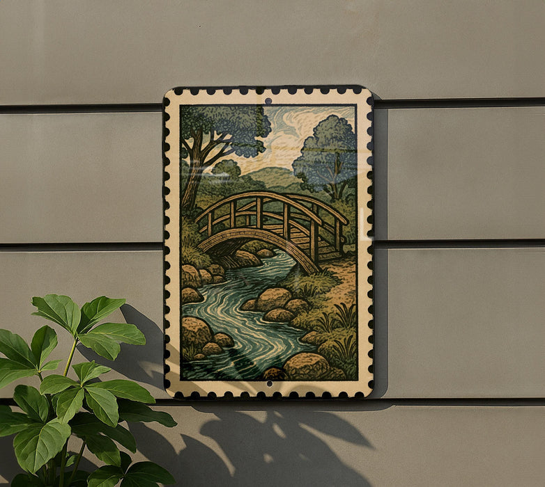 A framed illustration of a wooden bridge spanning a river, surrounded by trees and rocks, is displayed on a wall.