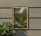 A framed illustration of a wooden bridge spanning a river, surrounded by trees and rocks, is displayed on a wall.