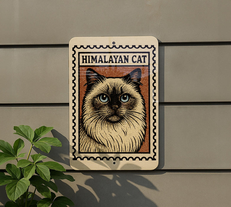 a sign with a picture of a Himalayan cat on it, mounted on a wall.
