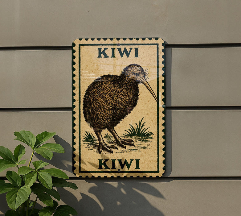 a kiwi bird, a large flightless bird native to New Zealand, depicted on a sign with the word "Kiwi" written below it.
