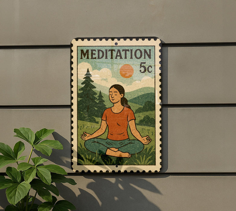A metal medallion with a woman in a meditative pose, surrounded by a natural landscape, is displayed on a wall.