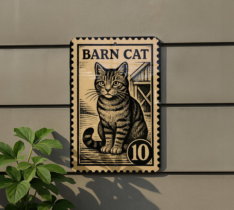 A sign featuring a cat illustration, mounted on a wall next to a plant.