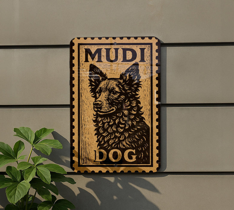 a wooden sign with a dog illustration and the word "MUDI DOG" written on it.