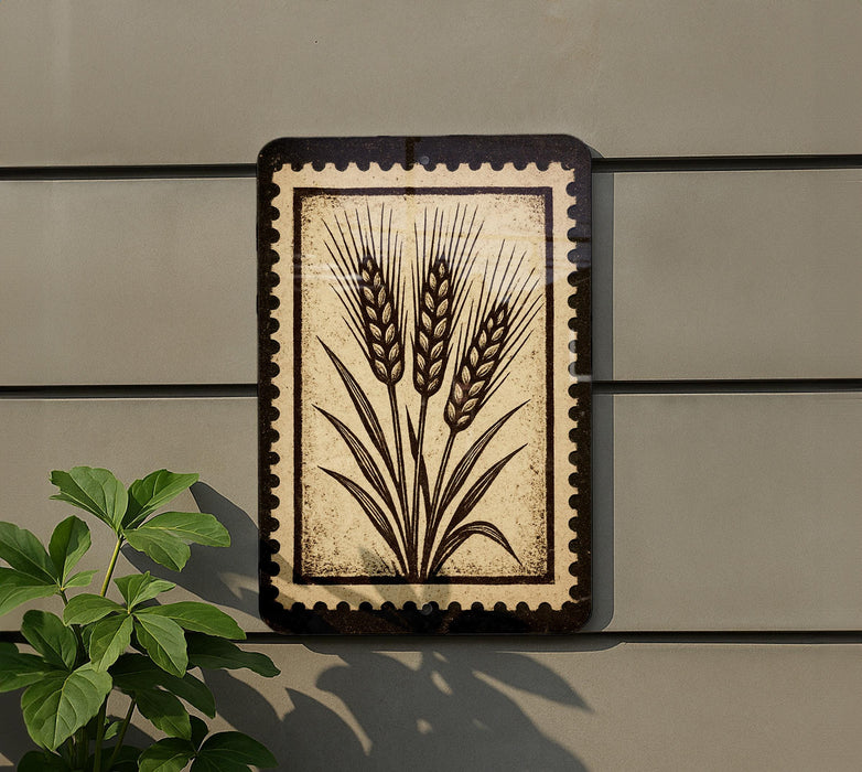 a decorative sign with a wheat design, mounted on a wall next to a plant.