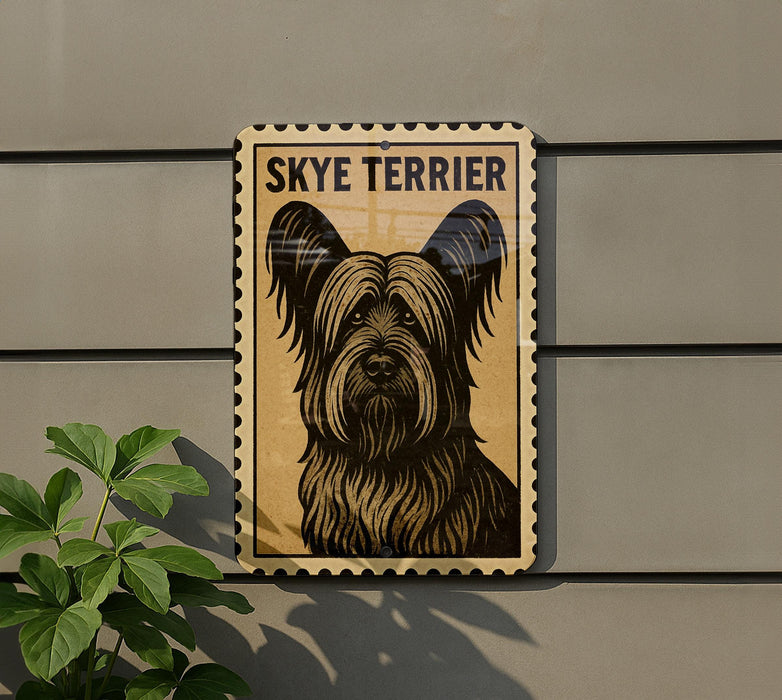 A Skye Terrier dog illustration is displayed on a wall, with a plant to the left of the frame.