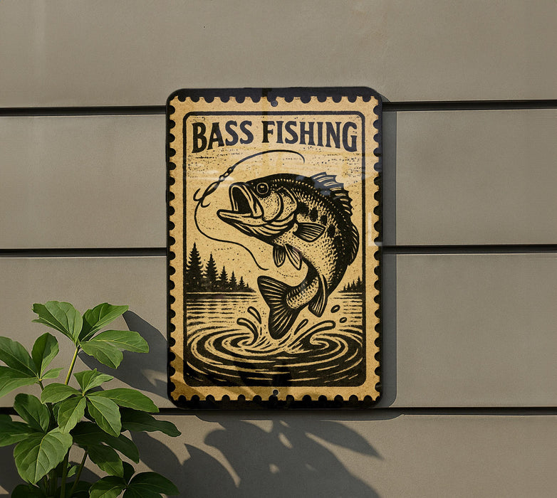 A sign with a fish illustration and the text "BASS FISHING" is displayed on a wall, with a plant visible to the left.