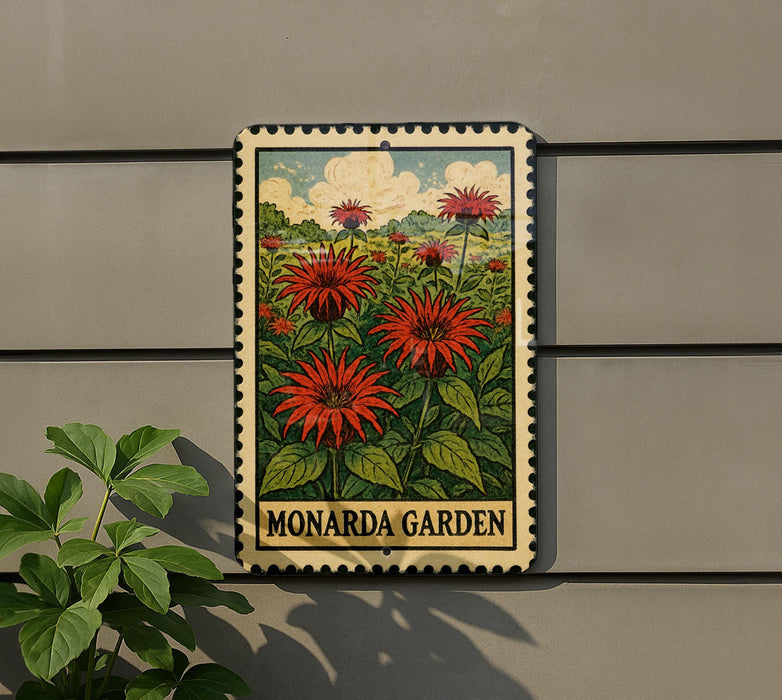 A metal sign with a floral design hangs on a wall, depicting a garden scene with red flowers and green foliage.