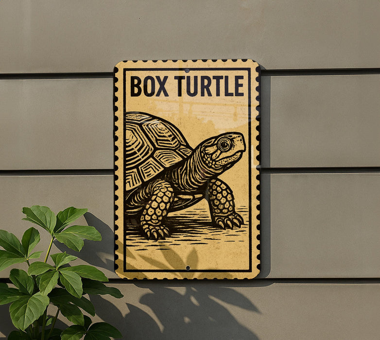 a sign that reads "BOX TURTLE" with a picture of a box turtle on it.