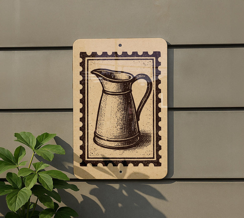 a wooden sign with a black and white illustration of a pitcher mounted on a wall.