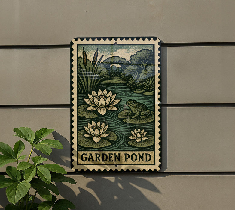 A metal sign with a painting of a garden pond and a frog, mounted on a wall next to a plant.
