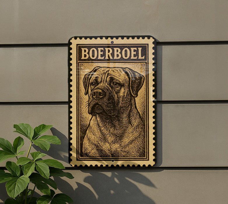 a large, detailed illustration of a Boerboel dog on a wall, mounted on a grey wall.