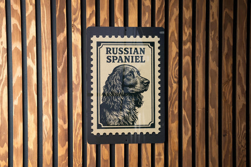A sign featuring a Russian Spaniel dog, with the text "RUSSIAN SPANIEL" prominently displayed.