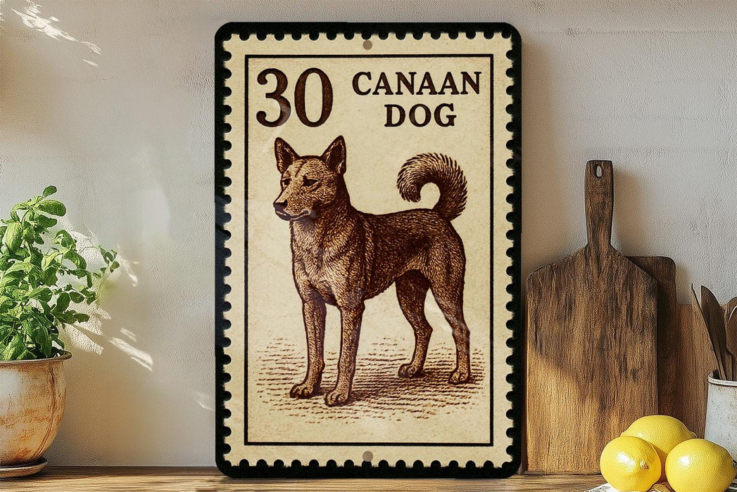 a framed stamp-like artwork depicting a brown dog, with the text "30 CANAAN DOG" printed on it. The artwork is displayed on a shelf next to a wooden cutting board and a potted plant.