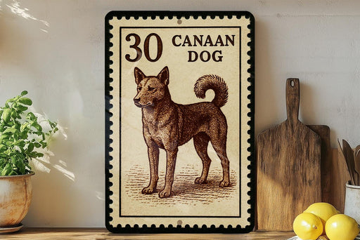 a framed stamp-like artwork depicting a brown dog, with the text "30 CANAAN DOG" printed on it. The artwork is displayed on a shelf next to a wooden cutting board and a potted plant.