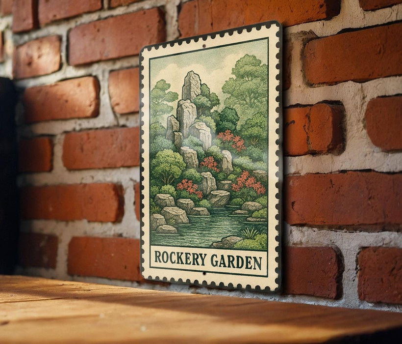 A framed illustration of a garden with a pond and lush greenery is displayed on a brick wall.