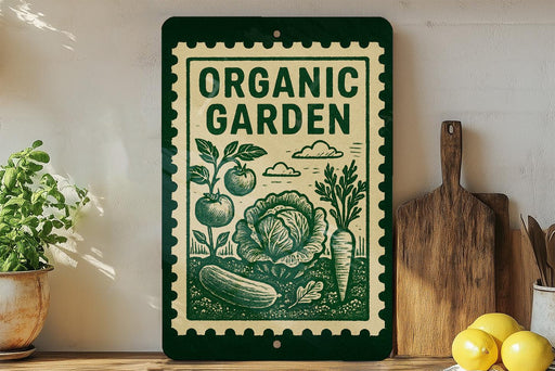 a green and white sign with illustrations of vegetables and a plant, placed on a wooden surface next to a wooden cutting board and some kitchen utensils.