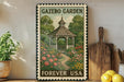 A vintage postage stamp featuring a gazebo surrounded by a garden, with the text "GAZEBO GARDEN FOREVER USA" displayed prominently.