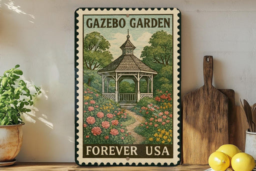 A vintage postage stamp featuring a gazebo surrounded by a garden, with the text "GAZEBO GARDEN FOREVER USA" displayed prominently.