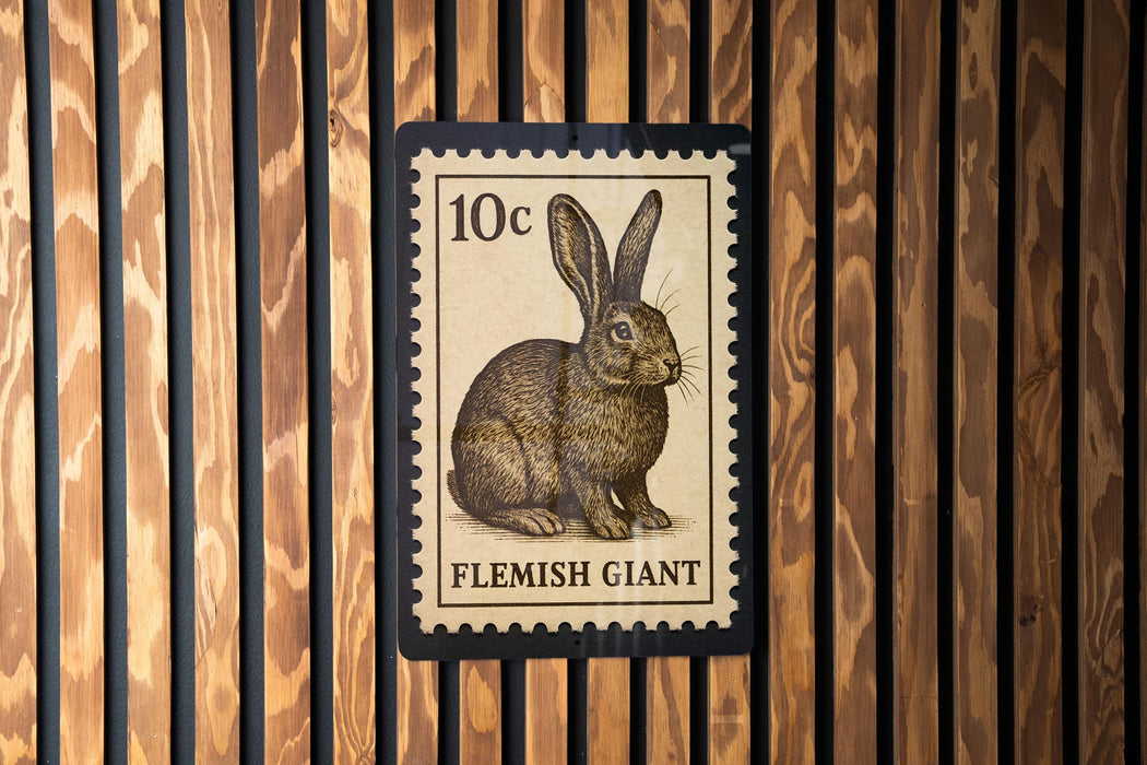 A 10c postage stamp featuring a rabbit illustration, mounted on a wooden wall.
