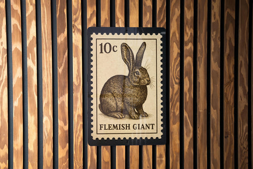A 10c postage stamp featuring a rabbit illustration, mounted on a wooden wall.