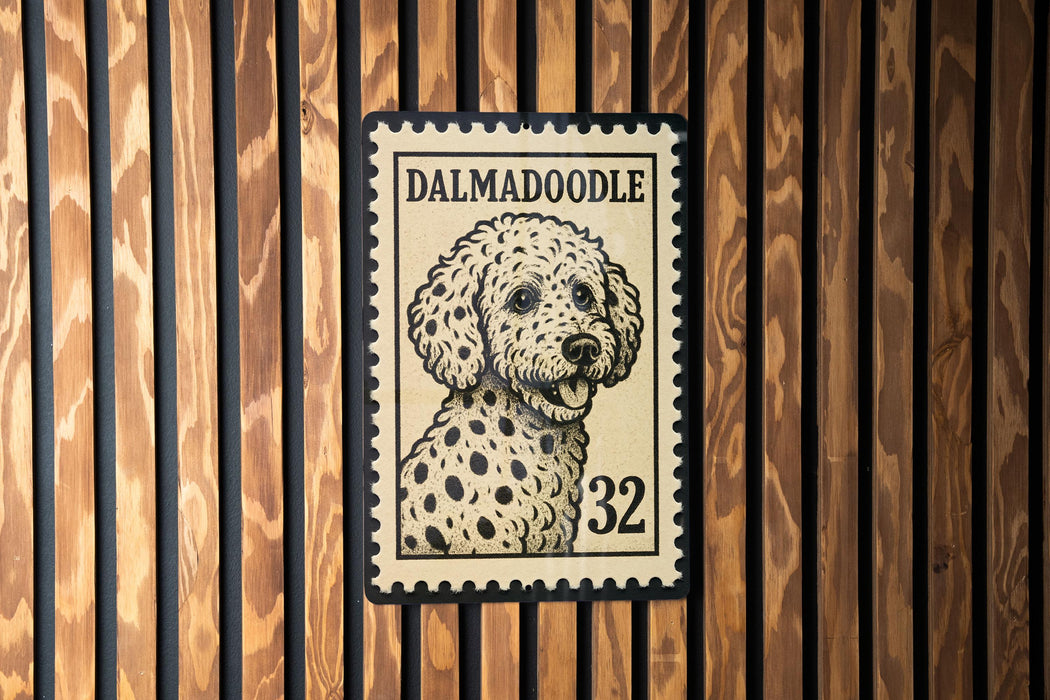 A Dalmatian dog is depicted on a postage stamp, which is mounted on a wooden wall.