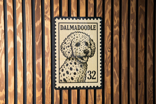 A Dalmatian dog is depicted on a postage stamp, which is mounted on a wooden wall.