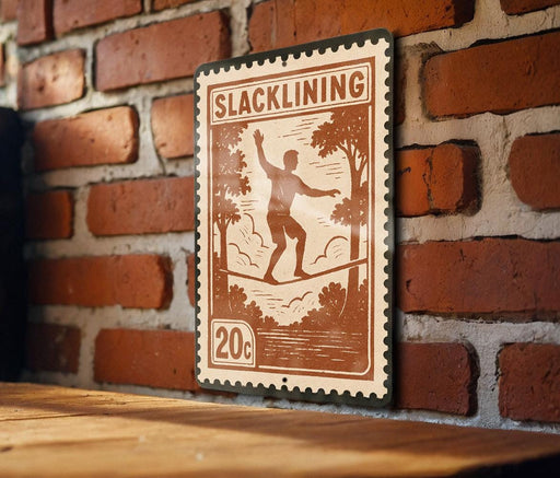 A wooden table with a metal sign featuring a silhouette of a person balancing on a tightrope, mounted on a brick wall.