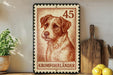A wooden shelf displaying a framed image of a dog, a wooden cutting board, and some lemons.