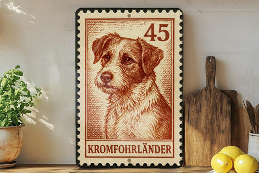 A wooden shelf displaying a framed image of a dog, a wooden cutting board, and some lemons.