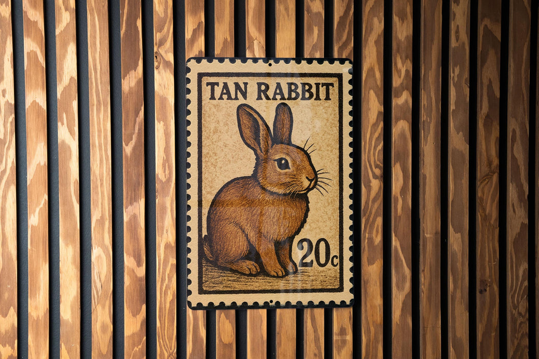 A tan rabbit stamp is displayed on a wooden wall.