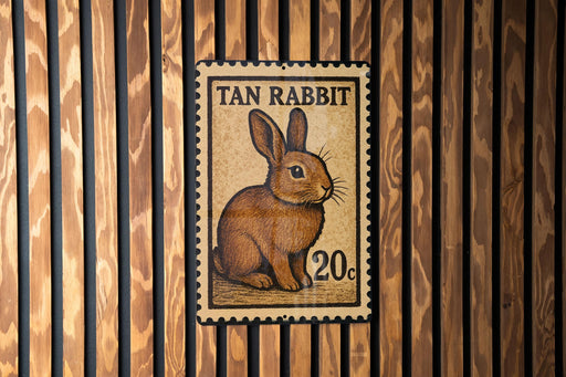 A tan rabbit stamp is displayed on a wooden wall.