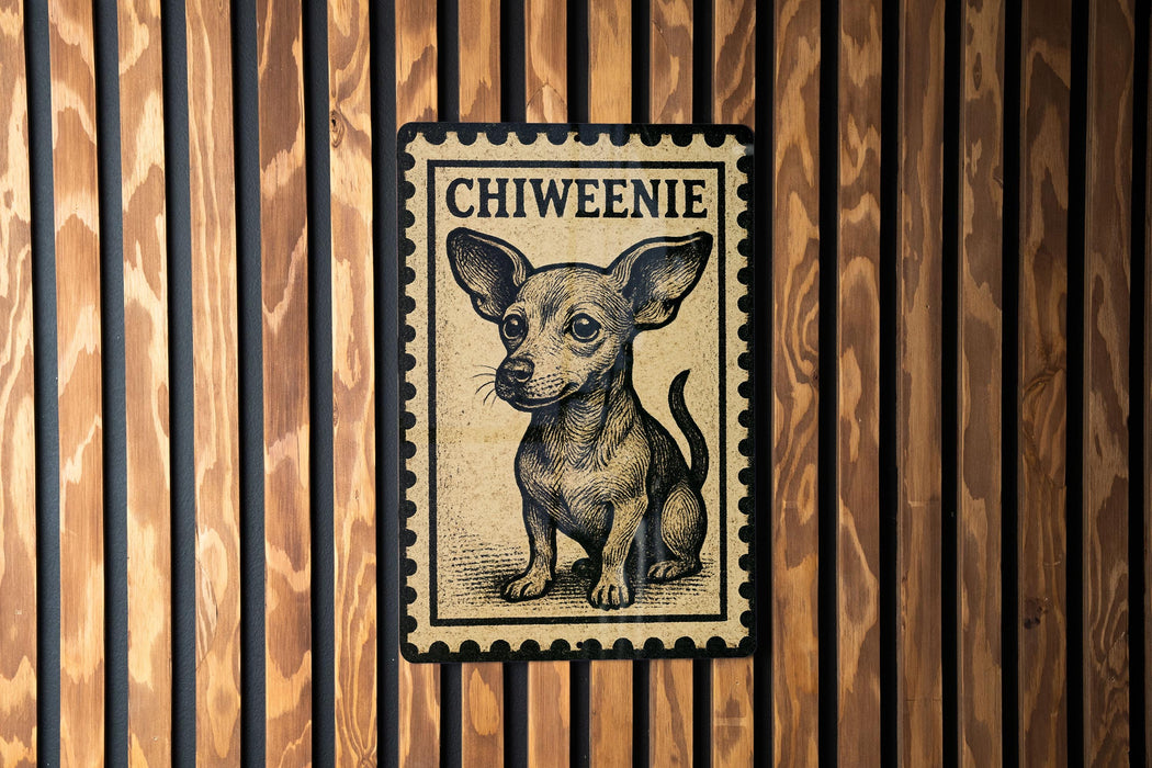 A small chihuahua dog is depicted on a wooden surface, with a black and white stamp-like design above it.