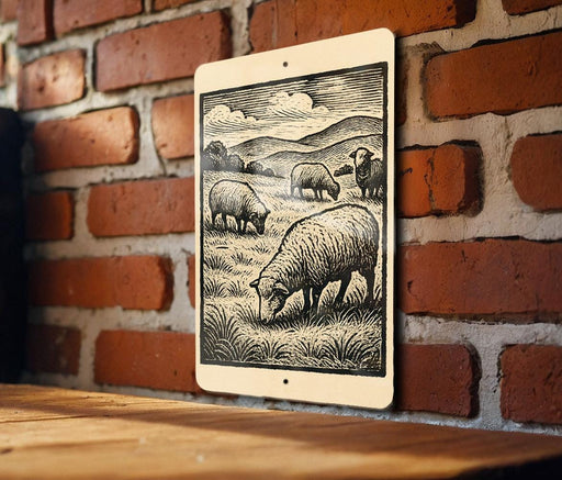 a black and white illustration of a pastoral scene with sheep grazing in a field.