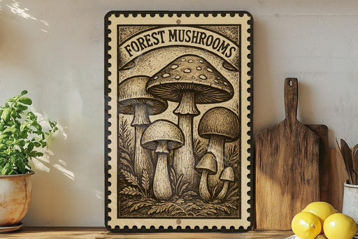 a framed illustration of mushrooms on a shelf, with a potted plant to the left and a wooden cutting board to the right.
