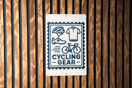 a sign that reads "CYCLING GEAR" with various cycling-related icons and text.