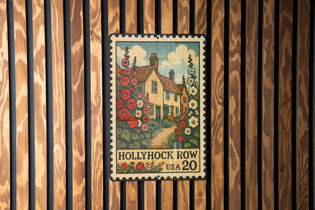 A vintage-style postage stamp featuring a house surrounded by flowers, hanging on a wooden wall.