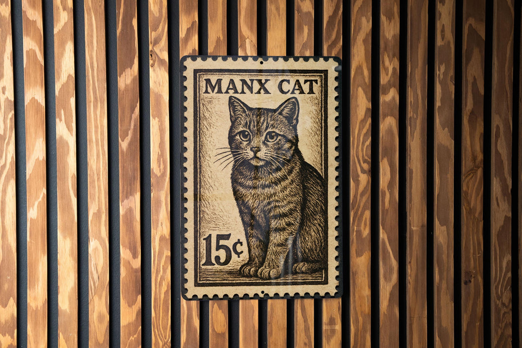 A metal stamp featuring a cat on a wooden background.