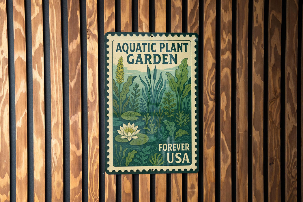A metal sign with a lush green plant illustration and a white water lily, mounted on a wooden wall.